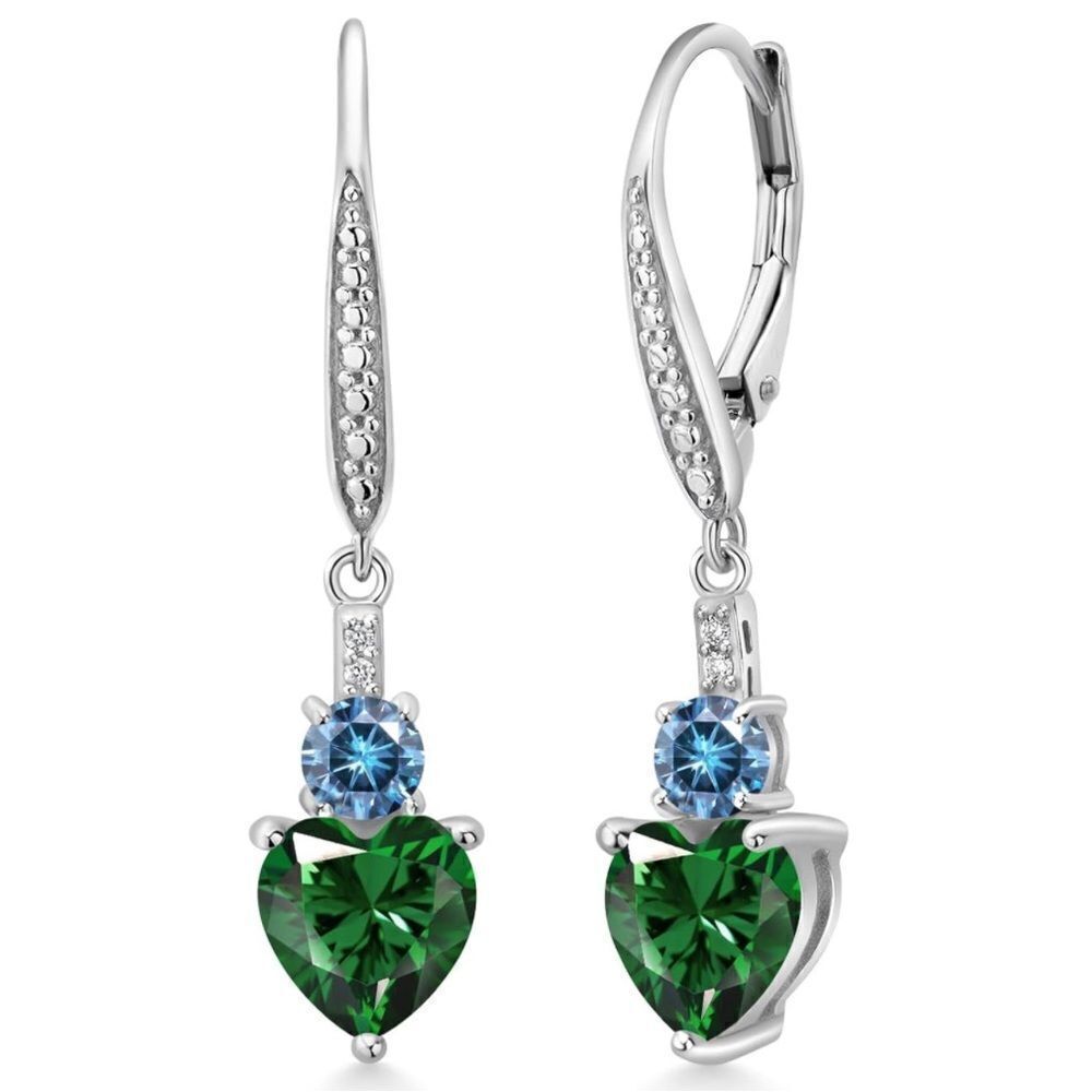 925 Sterling Silver with 2.49 Cttw Emerald and Blue Moissanite Heart Earrings